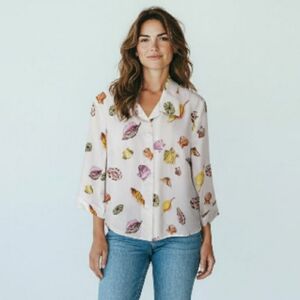 Silkland 100% Silk Shell Print Button Up Blouse With Cuffed Sleeves, Size L